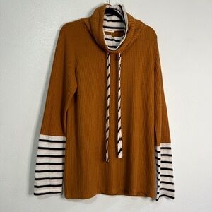 ANDTHEWHY Rust Waffle Knit Top with black/white striped detailing. Sz LARGE. NWT